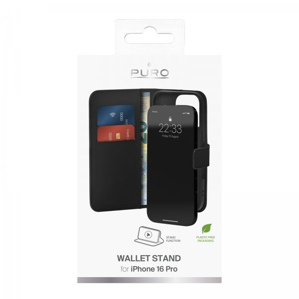 Puro iPhone 16 Pro Kotelo Lompakko Jalusta Musta