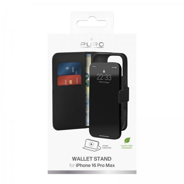 Puro iPhone 16 Pro Max -kotelo, lompakkoteline, musta