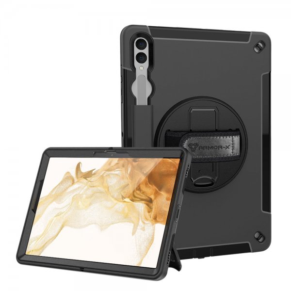 Armor-X Samsung Galaxy Tab S9 FE Plus -suojakuori, vedenpitävä, iskunkestävä, käsihihna, jalusta