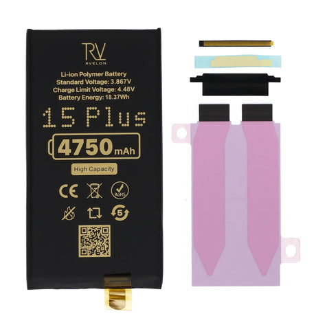 Rvelon Akku iPhone 15 Plus -puhelimeen 4750mAh ilman lattakaapelia