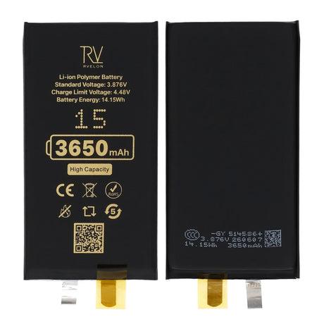 Rvelon Akku iPhone 15 -puhelimeen 3650mAh ilman lattakaapelia