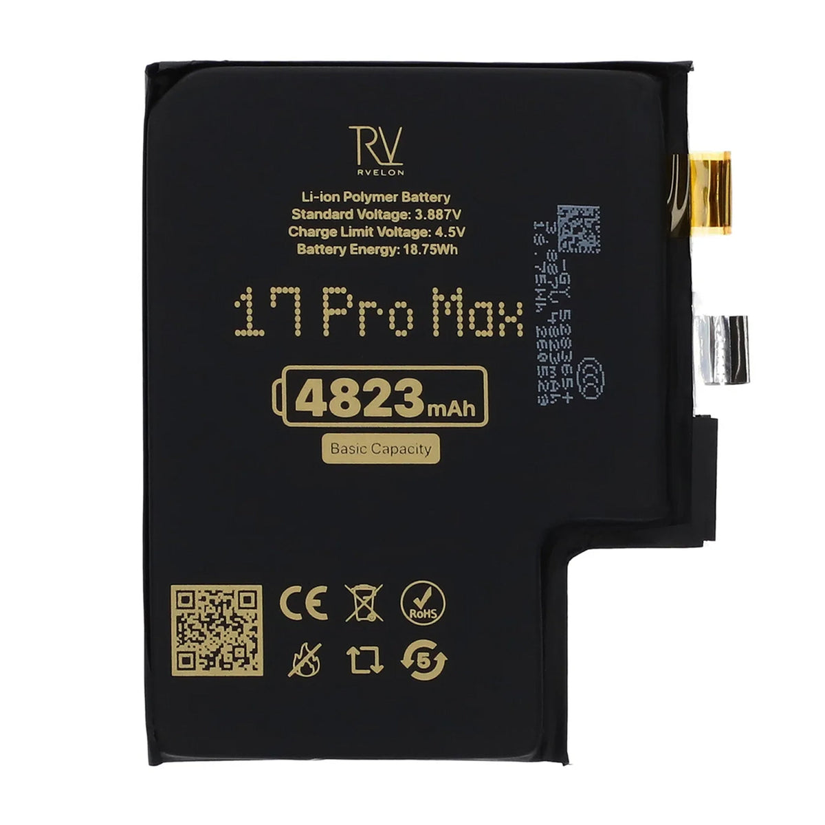 Rvelon Akku iPhone 17 Pro Max -puhelimelle, 4823mAh, ilman flex-kaapelia