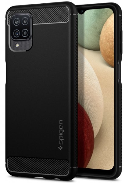 Spigen Samsung Galaxy A12 -suojakuori, Rugged Armor, mattamusta
