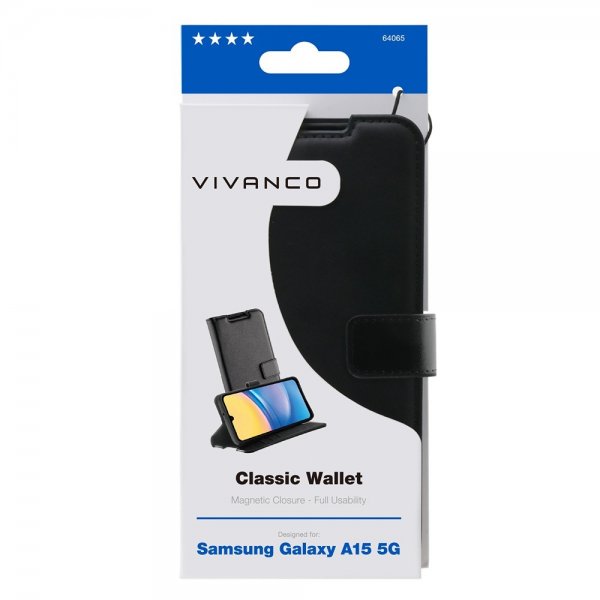 Vivanco Samsung Galaxy A15 Kotelo Classic Wallet Musta