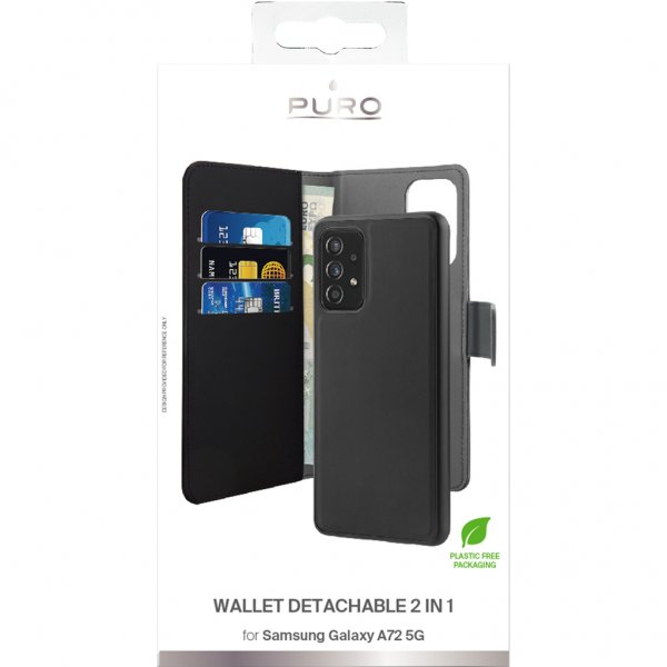 Puro Samsung Galaxy A72 Wallet Detachable 2 in 1 -irrotettava suojakotelo, musta