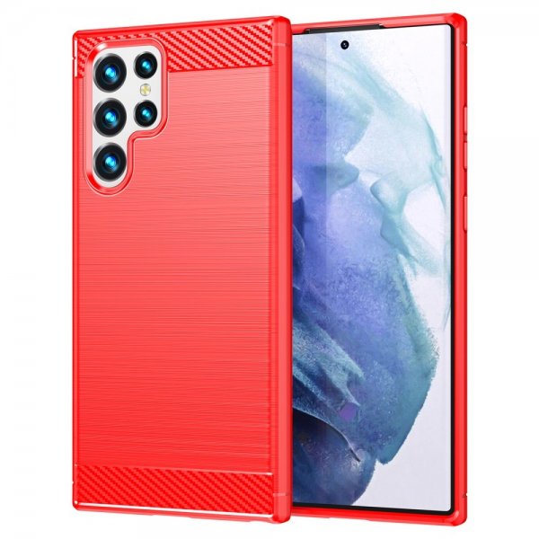 Samsung Galaxy S22 Ultra -kuori, harjattu hiilikuitukuvio, punainen