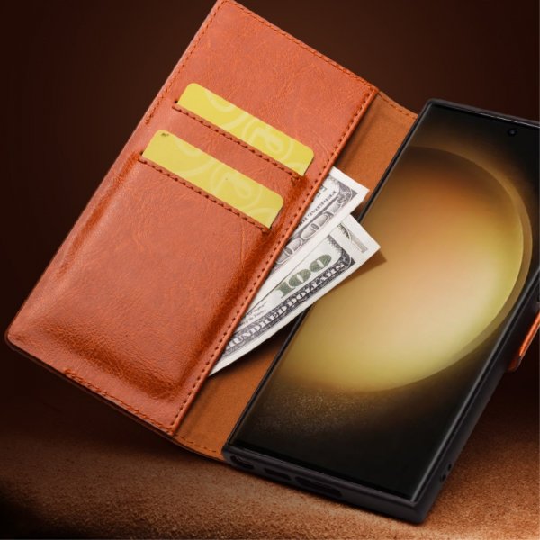 Qialino Samsung Galaxy S23 Kotelo Aito Nahka Vaaleanruskea