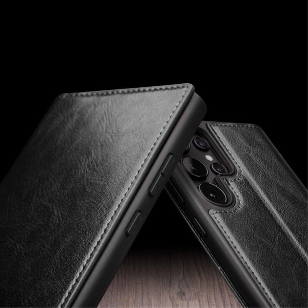 Qialino Samsung Galaxy S24 Ultra Kotelo Aitoa nahkaa Korttipaikka Musta