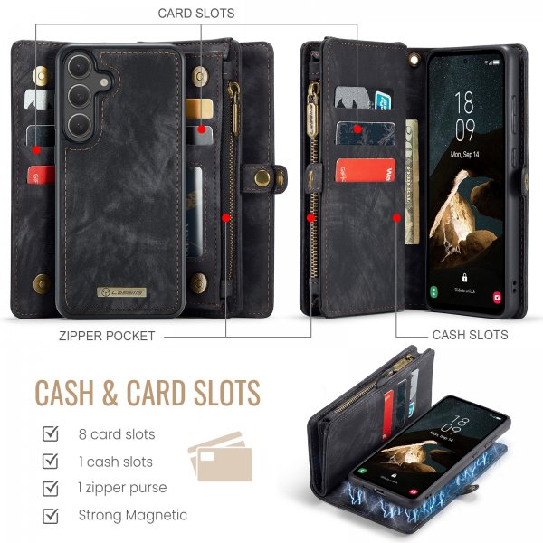 CaseMe Samsung Galaxy S26 Plus -lompakkokotelo, 008 Series, irrotettava kuori, musta