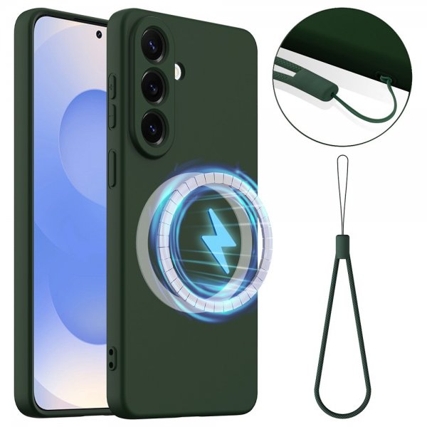 Samsung Galaxy S26 Plus -suojakuori hihnalla, silikoni, MagSafe, tummanvihreä
