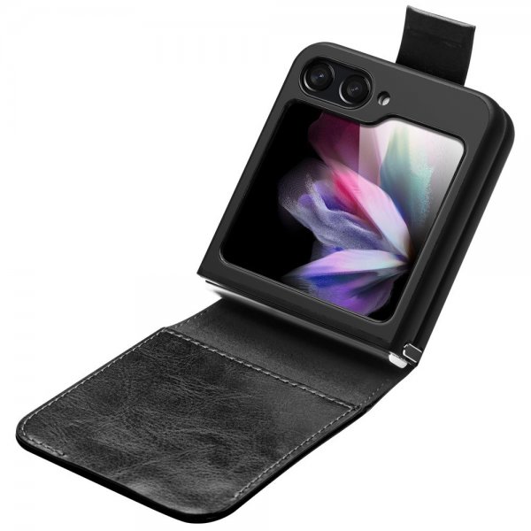 Qialino Samsung Galaxy Z Flip 5 Kotelo Aitoa Nahkaa Musta