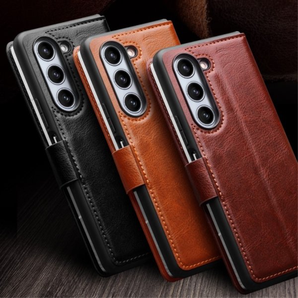 Qialino Samsung Galaxy Z Fold 5 Kotelo, aitoa nahkaa, ruskea