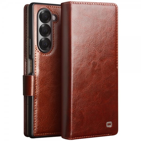 Qialino Samsung Galaxy Z Fold 6 -kotelo, aitoa nahkaa, ruskea
