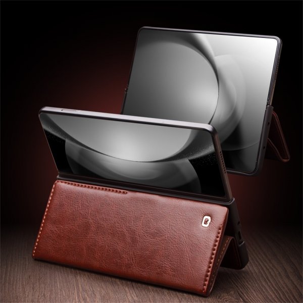 Qialino Samsung Galaxy Z Fold 6 -kotelo, aitoa nahkaa, ruskea