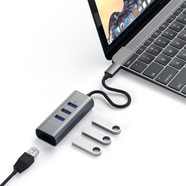 Satechi Type-C 2-in-1 USB-keskitin Ethernet hopea