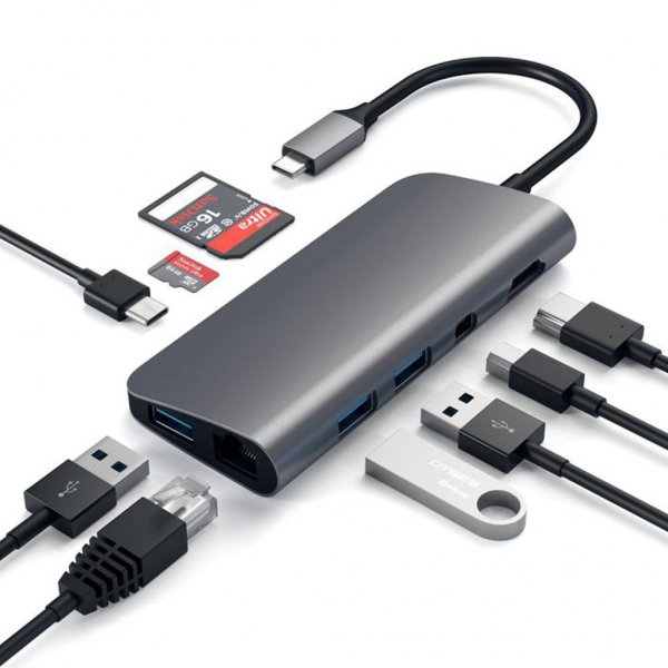Satechi USB-C Multimedia-adapteri 4K HDMI/Mini DisplayPort Gigabit Ethernet Harmaa