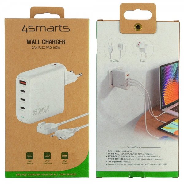 4smarts Työpöydän laturi GaN Flex Pro 100W 3 USB-C+1 USB-A