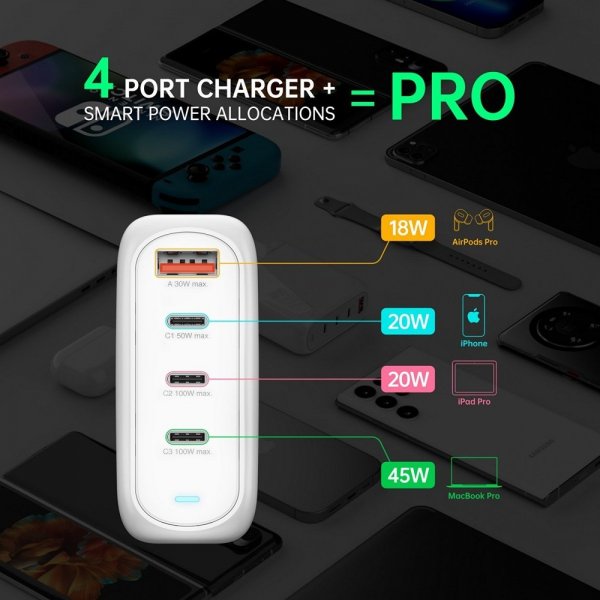 4smarts Työpöydän laturi GaN Flex Pro 100W 3 USB-C+1 USB-A
