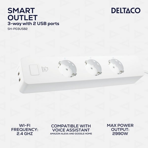 Deltaco Smart Home Älykäs jatkojohto WiFi 3xCEE 7/3 & 2xUSB-A 1.5m
