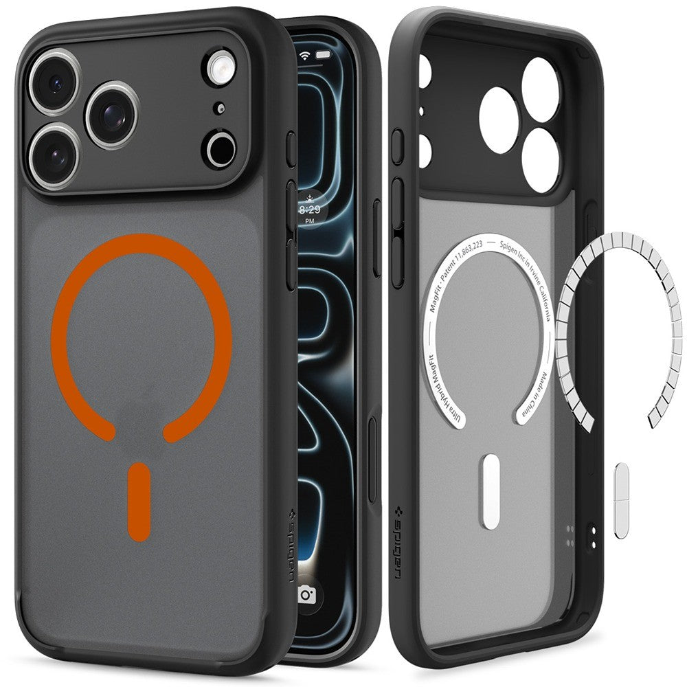 Spigen iPhone 17 Pro/iPhone 18 Pro Kuori Ultra Hybrid MagFit Huurteinen Musta Oranssi