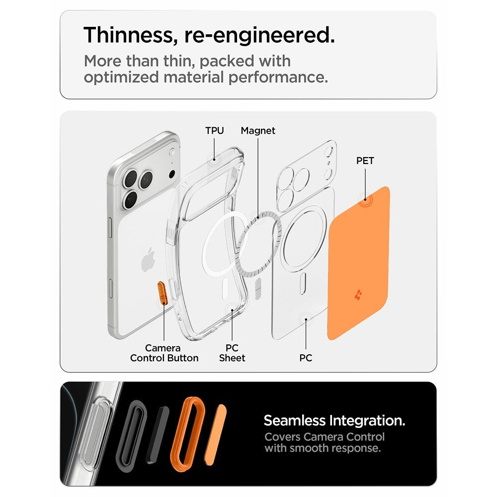 Spigen iPhone 17 Pro/iPhone 18 Pro Kuori Ultra Hybrid T MagFit Glossy Oranssi