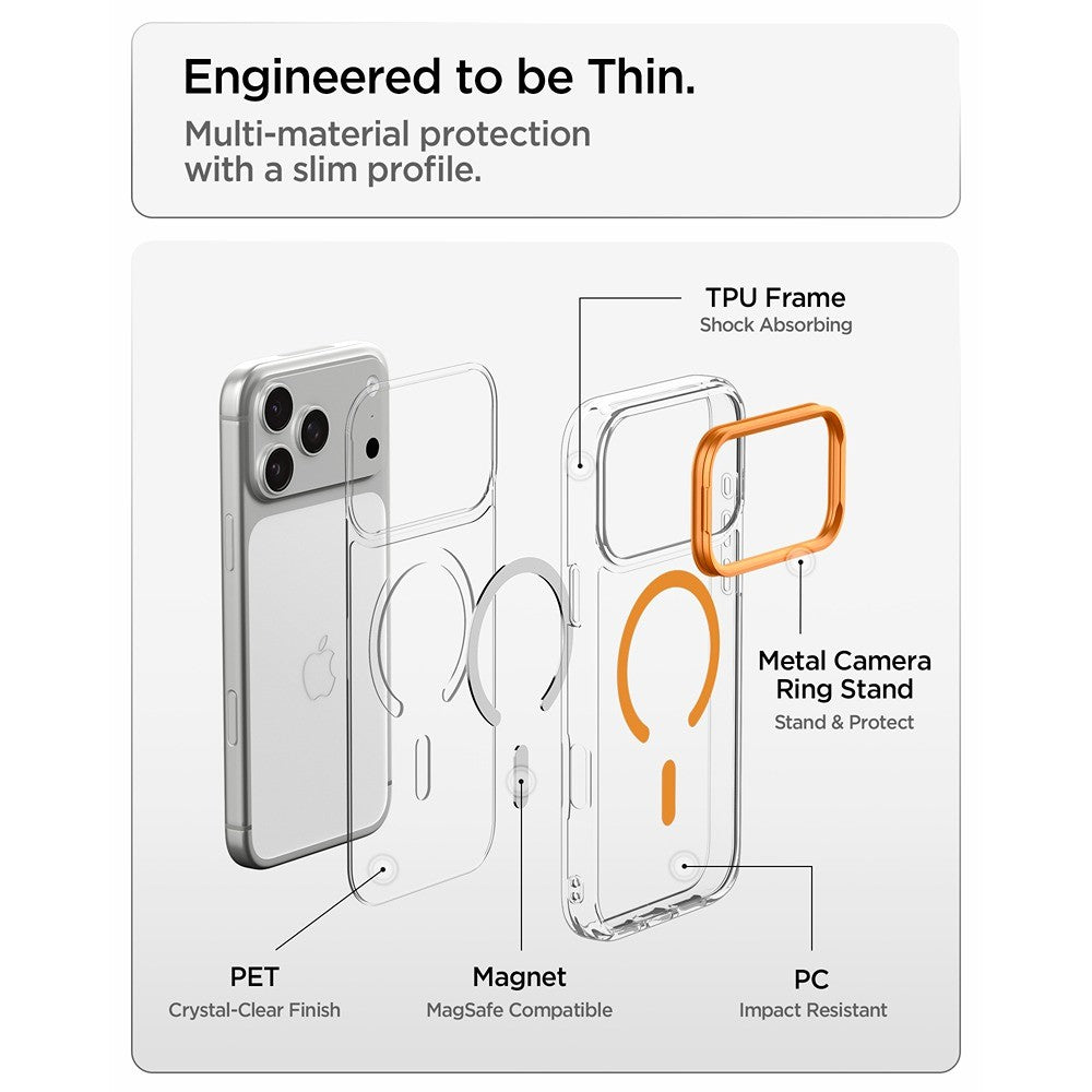 Spigen iPhone 17 Pro Max/iPhone 18 Pro Max Kuori Ultra Hybrid Optik S MagFit Clear Oranssi
