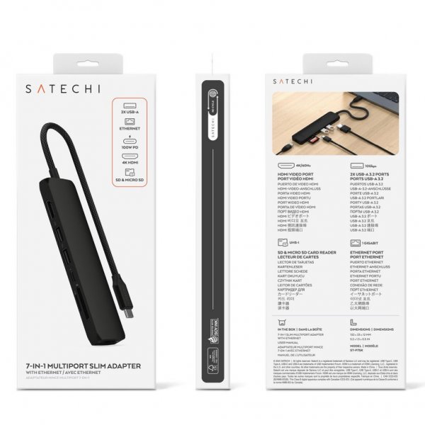 Satechi 7-in-1 USB-C Slim Multiport -adapteri Ethernetillä, musta