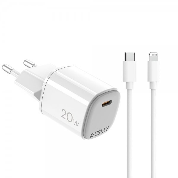 Celly 20W GaN USB-C -seinälaturi Lightning-kaapelilla