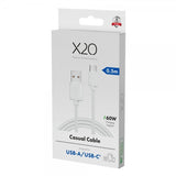 X2O USB-A–USB-C-kaapeli Basic 60 W 0,5 m valkoinen