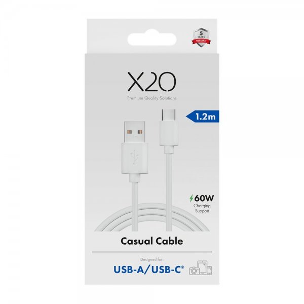X2O USB-A–USB-C-kaapeli Basic 60W 1,2 m valkoinen