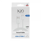 X2O USB-A–USB-C-kaapeli Basic 60W 2m Valkoinen