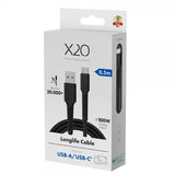 X2O USB-A–USB-C-kaapeli Longlife 60W 0,5m Musta