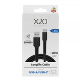 X2O USB-A–USB-C-kaapeli Longlife 60W 1m Musta