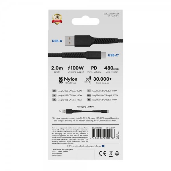 X2O USB-A–USB-C-kaapeli Longlife 60 W 2 m, musta