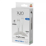 X2O USB-A–USB-C-kaapeli Longlife 60W 2m Valkoinen