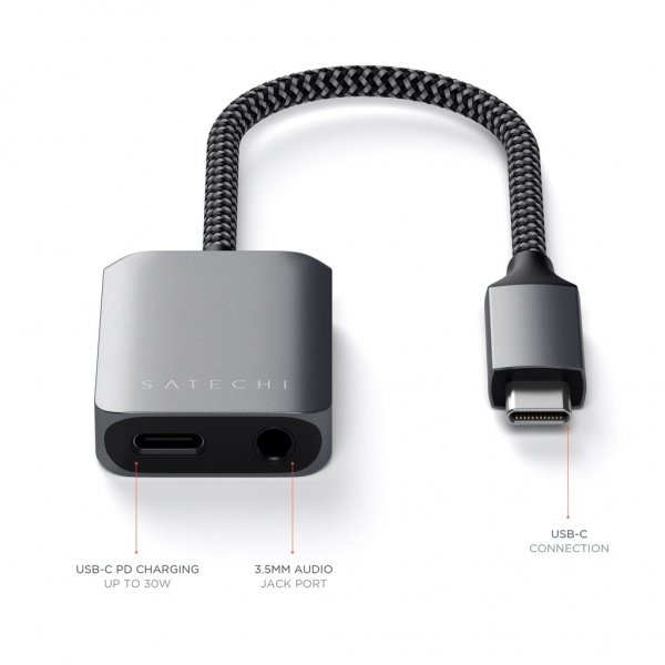 Satechi USB-C–3,5 mm ja USB-C PD -adapteri, harmaa