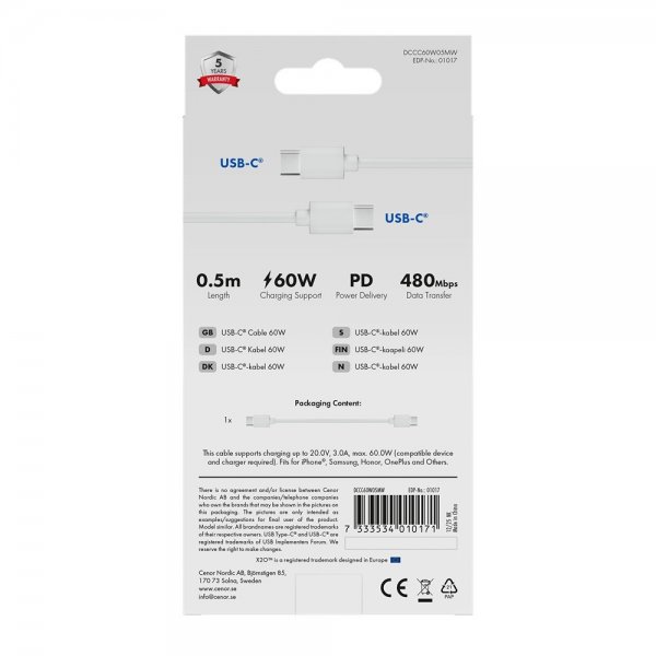 X2O USB-C-USB-C-kaapeli Basic 60W 0.5m Valkoinen