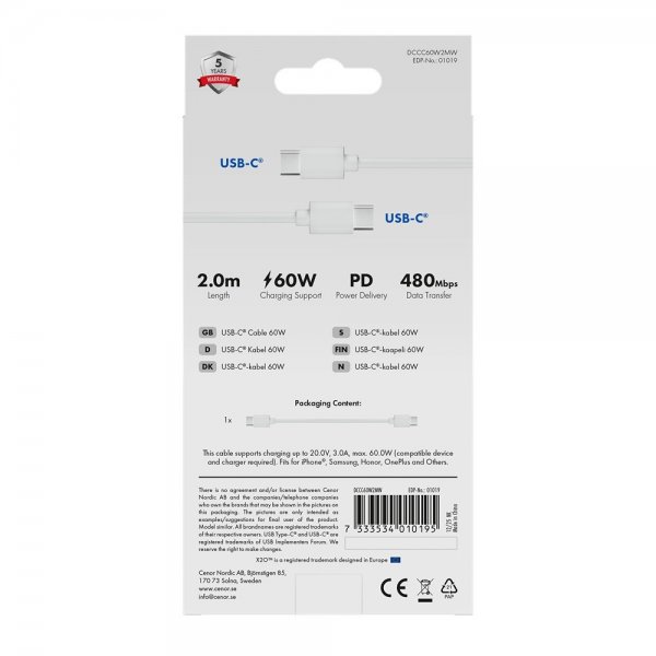 X2O USB-C–USB-C-kaapeli Basic 60W 2m Valkoinen