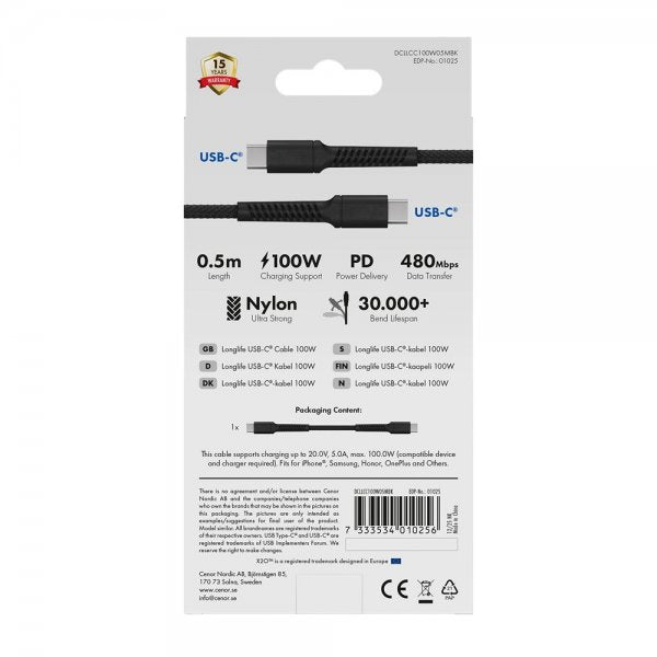 X2O USB-C–USB-C-kaapeli Longlife 100 W 0,5 m musta