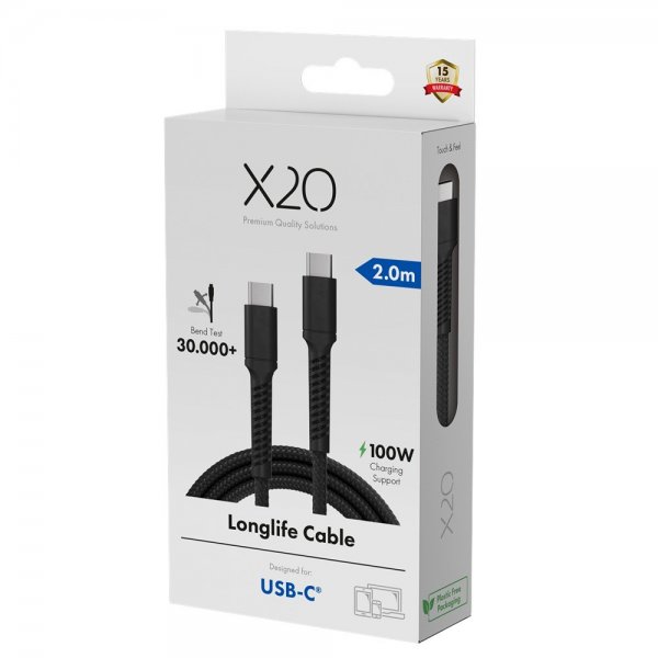 X2O USB-C–USB-C-kaapeli Longlife 100W 2m Musta