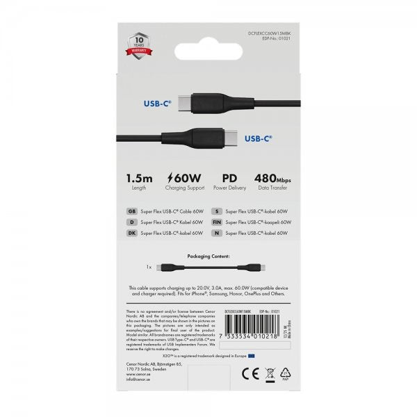 X2O USB-C–USB-C-kaapeli Superflex 60W 1,5m Musta