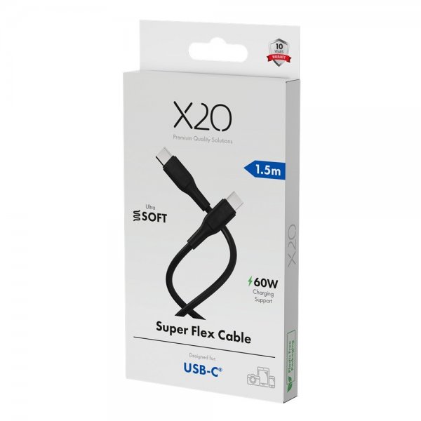 X2O USB-C–USB-C-kaapeli Superflex 60W 1,5m Musta