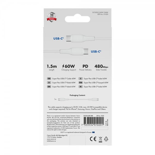 X2O USB-C–USB-C-kaapeli Superflex 60W 1.5m, valkoinen