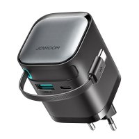 65 W:n seinälaturi sisäänrakennetulla USB-kaapelilla ja USB-A/USB-C-porteilla musta