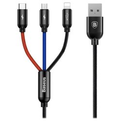 3-in-1 Kaapeli 3.5A Micro USB. Type-C. Lightning 1.2 m Kolmivärinen Musta