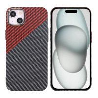 iPhone 15 Plus Kuori Hiilikuitukuvio Musta Punainen