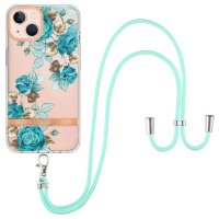 iPhone 15 Plus Kuori Kukkakuvio Hihnalla Sininen Ruusut