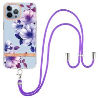 iPhone 15 Pro Max Kuori Kukkakuvio Hihnalla Violetti Begonia