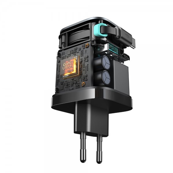 65 W:n seinälaturi sisäänrakennetulla USB-kaapelilla ja USB-A/USB-C-porteilla musta