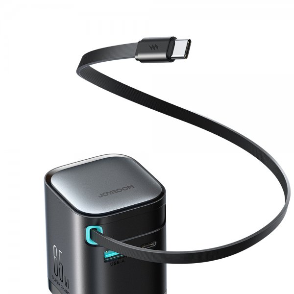 65 W:n seinälaturi sisäänrakennetulla USB-kaapelilla ja USB-A/USB-C-porteilla musta